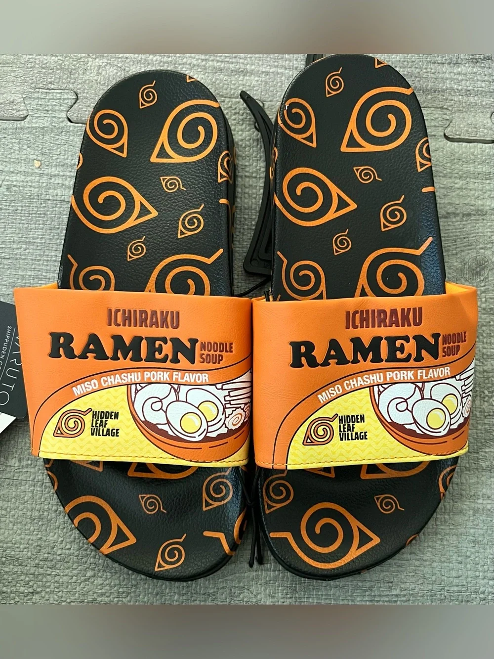 Naruto Ichiraku Ramen Men's Slide Sandals Black Orange Yellow Logo Slip-On